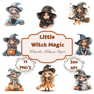 Whimsical Witch Clipart: Halloween Girls, Pumpkins & Cats (Digital Download PNG)