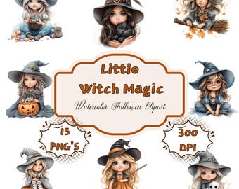Whimsical Witch Clipart: Halloween Girls, Pumpkins & Cats (Digital Download PNG)