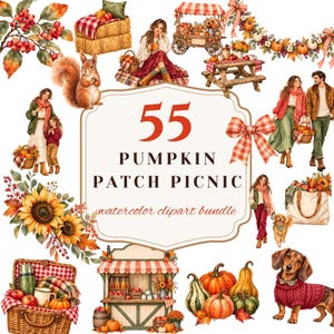 May include: A digital collection of 55 watercolor illustrations featuring autumn themes including pumpkins, sunflowers, hay bales, picnic scenes, people in seasonal clothing, a squirrel, a dachshund, and a picnic basket with the text 55 PUMPKIN PATCH PICNIC.