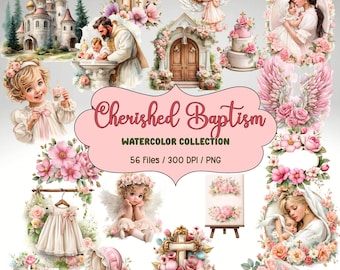 May include: A watercolor illustration set of 56 images featuring a baptism theme. The set includes images of angels, a church, a cross, a bible, flowers, and a baby. The images are perfect for creating invitations, cards, and other crafts.