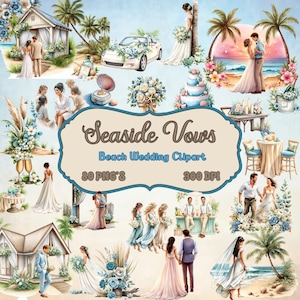 Hochzeit am Strand Clipart Set - Braut & Bräutigam, Boho Blumen, Bögen, Torte, Palmen, Blumen, Dekor, Vintage Auto, Meeresszene