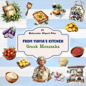 From Yiayia's Kitchen – clipartset Griekse moussaka, traditioneel mediterraan recept, aquarel Grieks eten, aubergine, rundvlees, bechamelsaus
