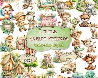 Safari Animals Clipart Watercolor, Wild One First Birthday PNG, Jungle Baby Shower, Safari Nursery Wall Art Set