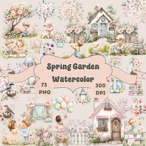 Frühlingsgarten, Aquarell Landhäuser, Kinder Illustration, Vintage Gartenelemente, Blühende Frühlingsblumen, Vögel und Schmetterling