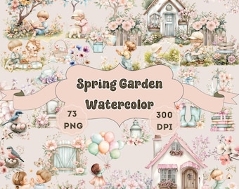 Watercolor Spring Garden Clipart: Vintage Cottages, Pastel Flowers (PNG Digital Download
