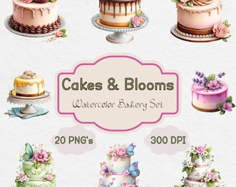 May include: Watercolor bakery set featuring various cakes decorated with flowers and butterflies. The cakes are in different shapes and sizes, with frosting and decorative elements. The image includes text that reads "Cakes & Blooms Watercolor Bakery Set", "20 PNG's", and "300 DPI".