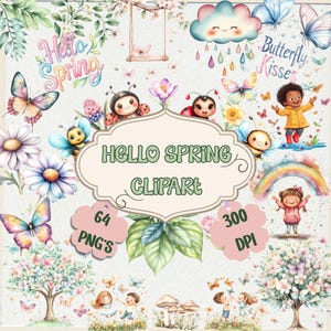 Conjunto de clipart de primavera – aquarela infantil, flores, guarda-chuvas, borboletas, abelhas, joaninhas, chuva e arco-íris – pacote fofo de PNG pastel