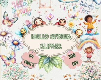 Watercolor Spring Clipart Set: Pastel Flowers, Kids, Rainbows (PNG Bundle)