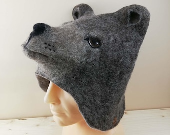 Felt bear hat felted from natural wool, Good mood hat, Hat for fun leisure time, Hat for sauna, Festival, Cosplay