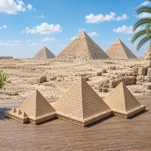 May include: A model of three beige pyramids is displayed on a wooden surface, with the Great Pyramids of Giza in the background. A small potted plant and a dark vase are on either side. The sky is blue with white clouds.