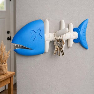 May include: A blue and white fish-shaped key holder fixed to a grey wall. The key holder features a shark-like head with a cross symbol and a tail fin. Keys hang from a white hook in the centre. A decorative and functional wall accent.