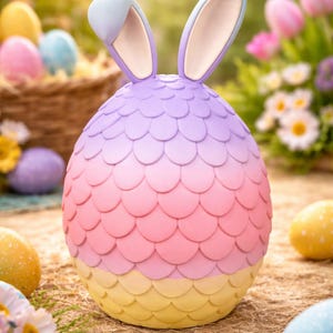 May include: A decorative Easter egg with bunny ears, in pastel shades of purple, pink, and yellow. The egg has a scale-like design. The bunny ears are light blue with a cream interior. The background includes Easter eggs and flowers.