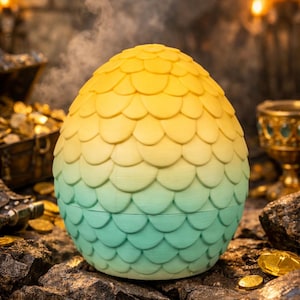 Op de afbeelding: Een decoratieve eivormige container met een schubbenpatroon, overgaand van geel naar teal. De container staat op een rotsachtig oppervlak, met een schatkist en gouden munten op de achtergrond. Een uniek decoratief item.
