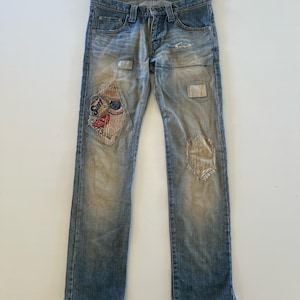 Vintage TMT Japan Holiday Distressed Patchwork Denim Jeans Waist 32”