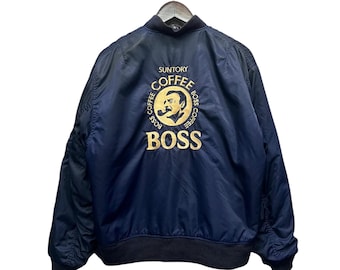 Vintage 90s Suntory Coffee Boss Bomber Jacket - Grey Nylon Ma-1