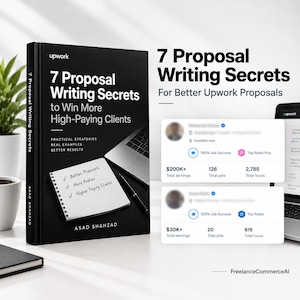 May include: A black book titled 7 Proposal Writing Secrets to Win More High-Paying Clients by Asad Shahzad, featuring a notebook graphic with checkmarks for Better Proposals, More Replies, and Higher Paying Clients, alongside Upwork profile data.