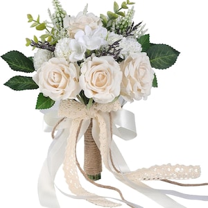 Handgefertigtes Rosenbouquet aus Weiß und Champagner - Perfekt für Braut oder Brautjungfern, Hochzeitskirche Dekoration Künstliche Rosen Blumen