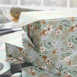 Mothers Day Botanical Gift Wrap  Green Floral Wrapping Paper With Beige Flowers, Elegant Paper For Her, Garden Style Present Wrap