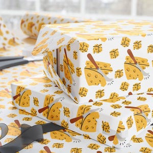Birthday Gift Wrap For Cheese Enthusiasts - Funny Sliced Cheese Wrapping Paper With Knife And Cheese Cubes, Unique Foodie Gift Wrap