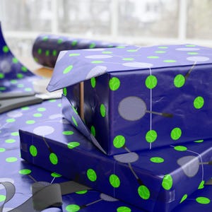 Blue Tennis Racket Wrapping Paper With Green Polka Dots, Sports Gift Wrap For Him, Athletic Holiday Packaging