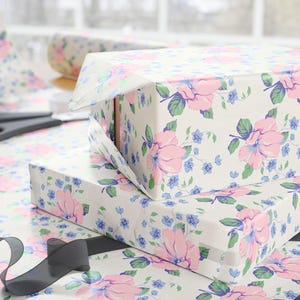 Birthday Gift Wrap For Her  Pink Floral Wrapping Paper With Blue Flower Accents, Elegant Paper Roll For Wedding, Baby Shower Or Mom