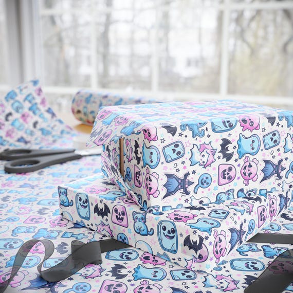 Halloween Gift Wrap, Kawaii Ghost Wrapping Paper, Cute Spooky Pastel Gift Wrap, Goth Party Decor, Witch Birthday Wrapping Paper, Pink Blue