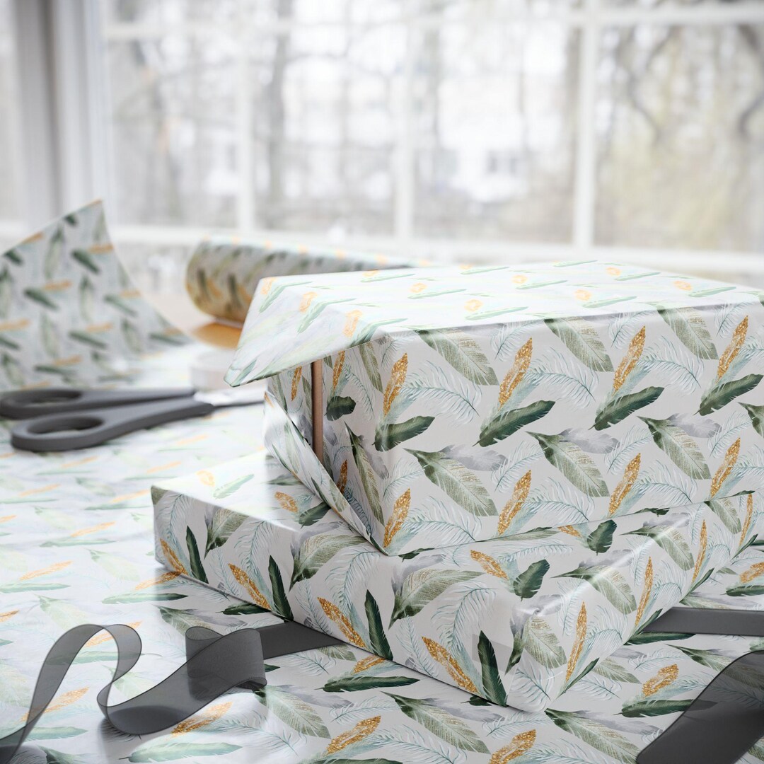 Tropical Birthday Gift Wrap White Wrapping Paper With Green Leaves — free download