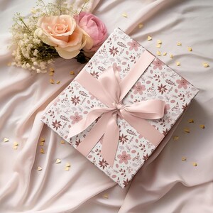 Christmas Gift Wrap for Her Elegant Pink Floral Wrapping Paper, Winter Botanical Gift Sheets, Soft Feminine Holiday Packaging