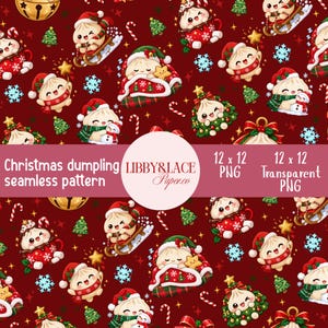 Può includere: Un motivo senza cuciture su sfondo rosso scuro con ravioli a cartone animato con cappelli di Babbo Natale, in slitta, con stelle e in tazze. Include alberelli di Natale, bastoncini di zucchero, fiocchi di neve e campanelle. Testo: Christmas dumpling seamless pattern LIBBY&LACE Paper.co 12 x 12 PNG 12 x 12 Transparent PNG.