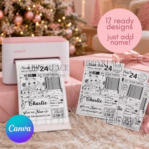 May include: A light pink thermal label printer producing white adhesive labels with black ink. The labels feature a North Pole special delivery design, including a barcode, a cute character illustration, and the text Charlie, Santa's Grotto, and 25th.