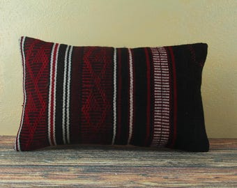 12x20 Turkish Kilim Lumbar Pillow Cover Handwoven Anatolian Bohemian Sofa Accent Cushion