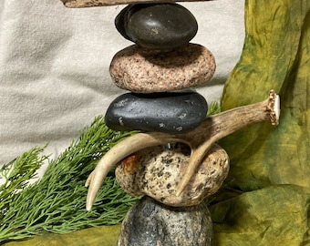 Rock Cairn with Deer Antler and Driftwood; Lake Superior Rock --   Inukshuk