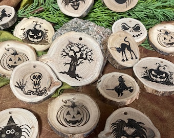Halloween treats; Set of 10. Alternative to candy; Wooden discs drilled for cord; Handmade. Set of ten.