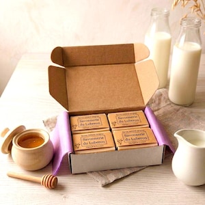 Geschenkset mit 4 natürlichen, überfetteten Seifen mit Ziegenmilch und Honig | Für empfindliche Haut, kaltgerührt, handgefertigt | Zero-Waste-Geschenk, Körperpflege