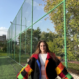 Handmade Colorful Chunky Knit Cardigan - Oversized Winter Sweater with Vibrant Patchwork Design - Cozy & Unique Women’s Outerwear- Bohemian