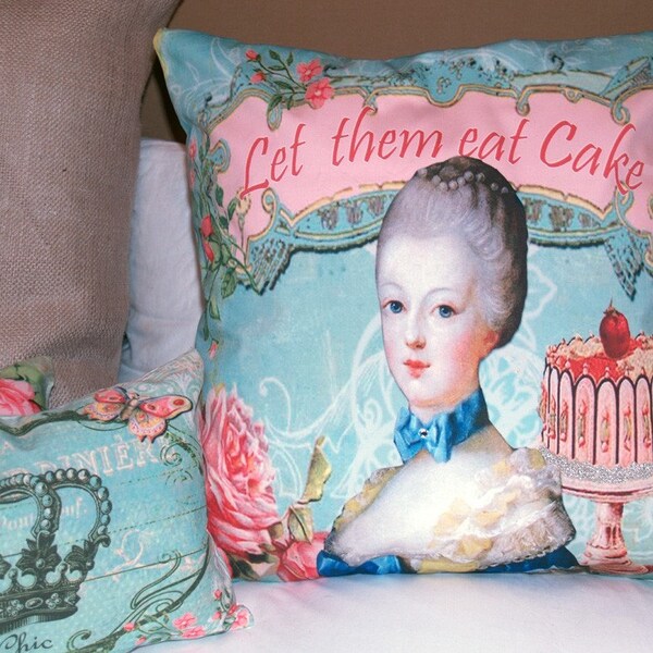 HUGE Let Them Eat Cake Marie Antoinette French Ornate Pillow Cover with Rhinestone and German Glass Glitter - Home Decor