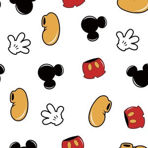 Op de afbeelding: Een naadloos patroon met verschillende cartoonfiguren, waaronder Mickey Mouse-oren, handen en shorts. Het ontwerp is in zwart, wit, rood en geel.