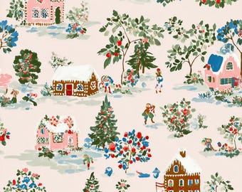 May include: A repeating pattern on a light pink background featuring gingerbread-style houses with white snow-covered roofs, evergreen trees, and small figures. The design includes clusters of red and blue flowers and green foliage throughout.
