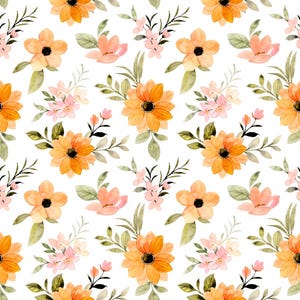 Peut inclure: Un motif répétitif composé de fleurs orange et jaunes de style aquarelle avec des centres sombres, entremêlées de petites fleurs rose clair et de feuilles vertes sur un fond blanc. Le design présente un motif floral botanique.