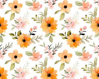 Orange Peach Watercolor Floral Fabric Cotton Sewing Fabric by the 1/2 Yard for Quilting, Clothes, and Crafts