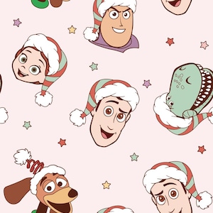 May include: A repeating pattern featuring cartoon character faces wearing Santa hats on a pale pink background. Characters include Woody, Buzz Lightyear, Rex, Jessie, and Slinky Dog, with colourful stars scattered throughout the design.