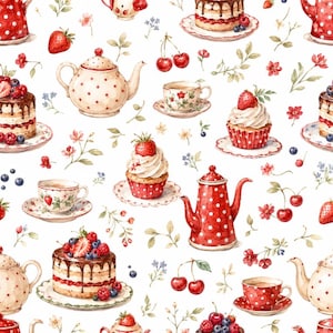 May include: A seamless pattern featuring watercolor illustrations of red polka-dot teapots, teacups, layered cakes with chocolate ganache, cupcakes with white frosting, fresh strawberries, cherries, and small blue berries on a white background.