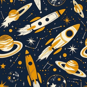 Könnte beinhalten: Ein nahtloses Muster mit cremefarbenen und senfgelben Raketen, Planeten mit Ringen und Sternen auf dunkelblauem Hintergrund. Das Design zeigt verschiedene Himmelskörper und Raumschiffe mit detaillierten Linien und ausgefüllten Farbflächen.