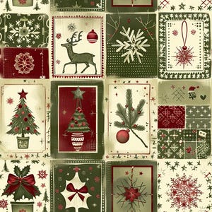 Könnte beinhalten: Ein Stoffmuster mit einem Raster aus rechteckigen Feldern in Dunkelgrün, Creme und Dunkelrot. Die Illustrationen zeigen ein Rentier, Weihnachtsbäume, Schneeflocken, Stechpalmenblätter mit roten Schleifen und verschiedene Weihnachtskugeln.