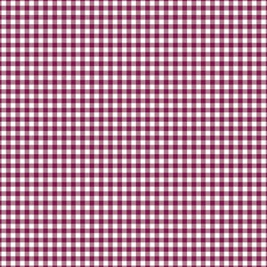 May include: A repeating textile pattern featuring a classic gingham check design. The fabric displays a consistent grid of small, alternating squares in a deep, saturated shade of burgundy red and a crisp, clean white, creating a balanced look.