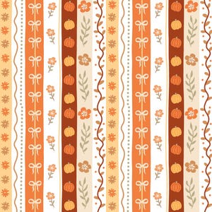 May include: A repeating vertical pattern featuring stripes of orange bows, white columns with orange flowers, dark brown bands with orange pumpkins, and light beige sections with green leafy vines and orange floral motifs on a white background.
