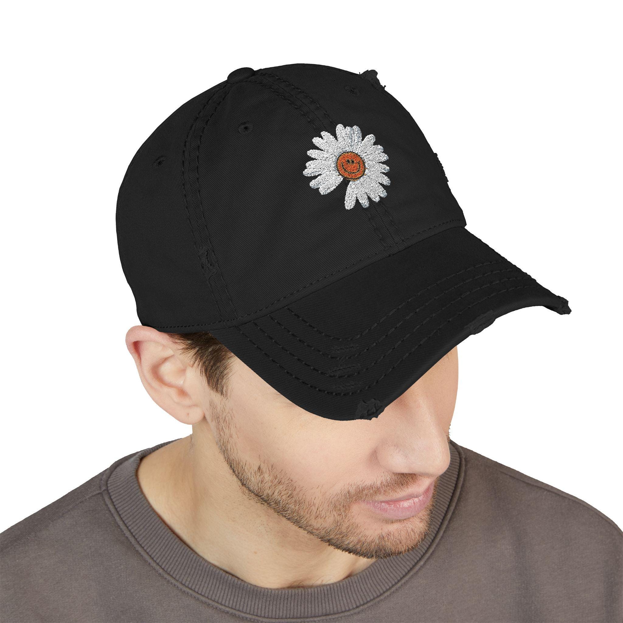 G-dragon Distressed Style Hat, Smiley Face Daisy Embroidery