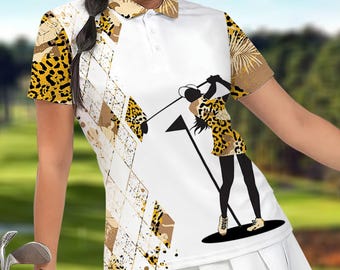 Camisa polo feminina para golfe: estampa de leopardo, modelagem slim em malha piqué.