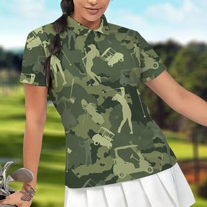 Golf Women Polo Shirt, Green Pattern Golf Shirt For Ladies, Cool Golf Gift For Women