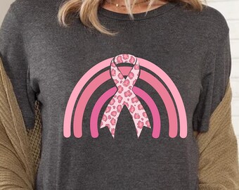 Camiseta con lazo de leopardo rosa y arcoíris para concienciar sobre el cáncer de mama